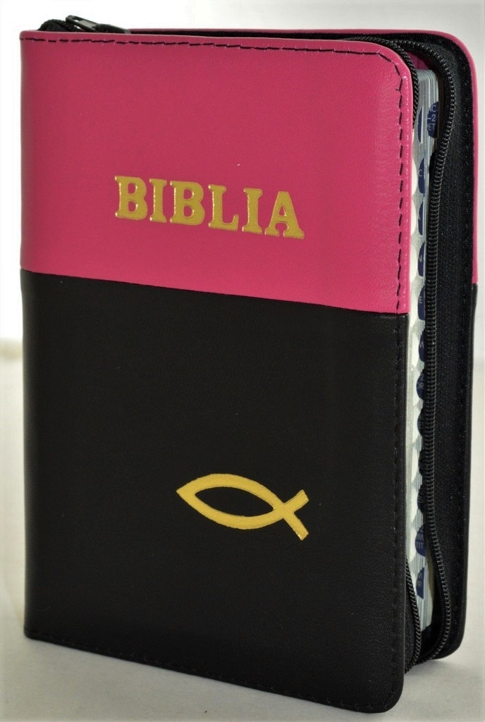 Biblie marime mica, piele,culoare roz inchis cu negru, index, fermoar, margini aurii, cuv. lui Isus in rosu,simbol peste [047 PFI]