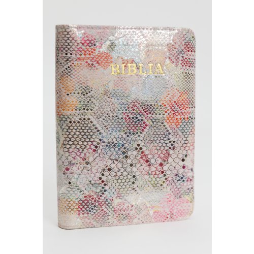 Biblie din piele, marime medie, texturată roz, nuante de roz cu auriu, fermoar, index, margini aurii, cuv. lui Isus cu rosu [SB 057 PFI]