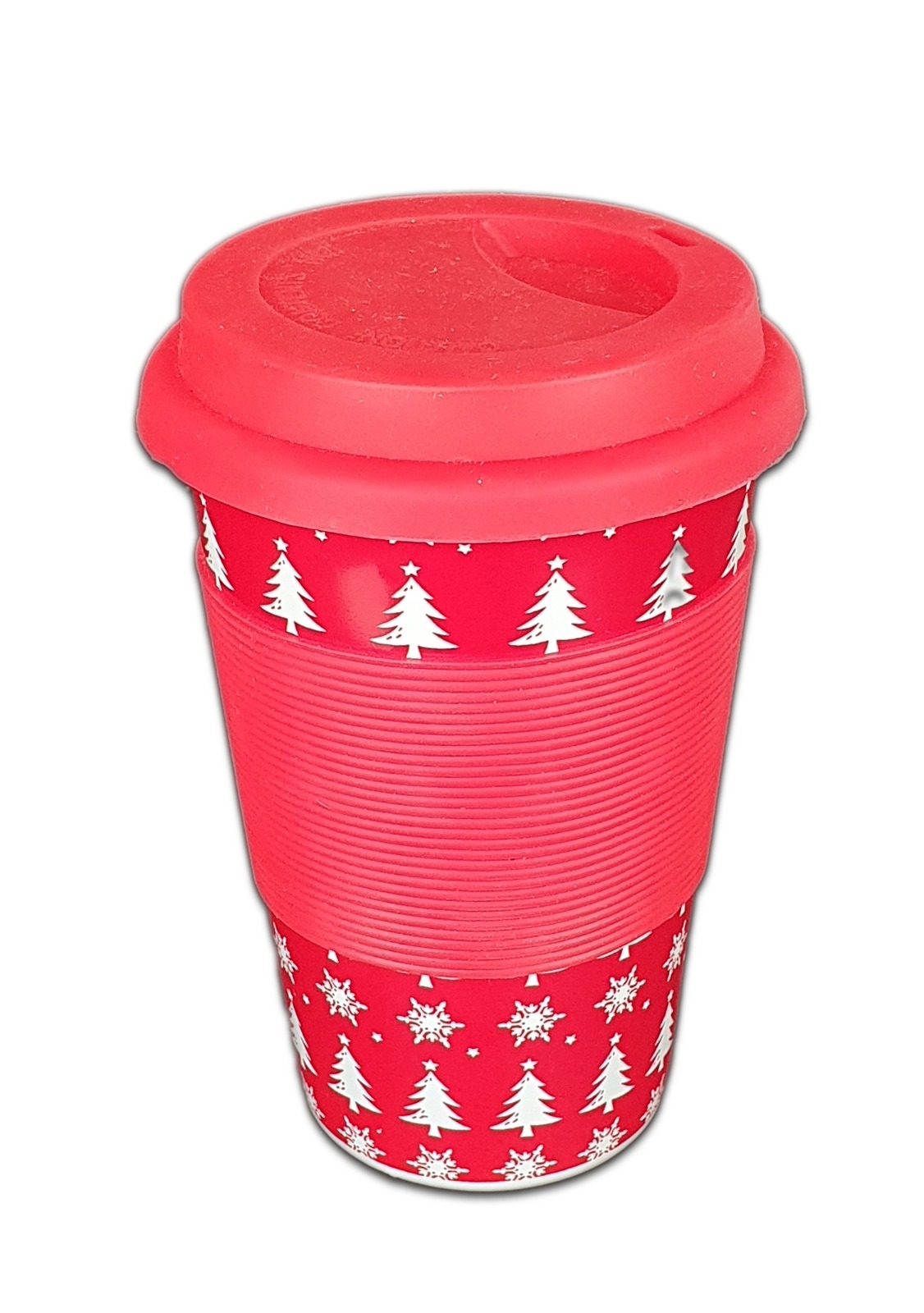 Cana rosie ceramica cu capac alb de silicon - motive Craciun - 400 ml Cana rosie ceramica cu capac alb de silicon - motive Craciun - 400 ml