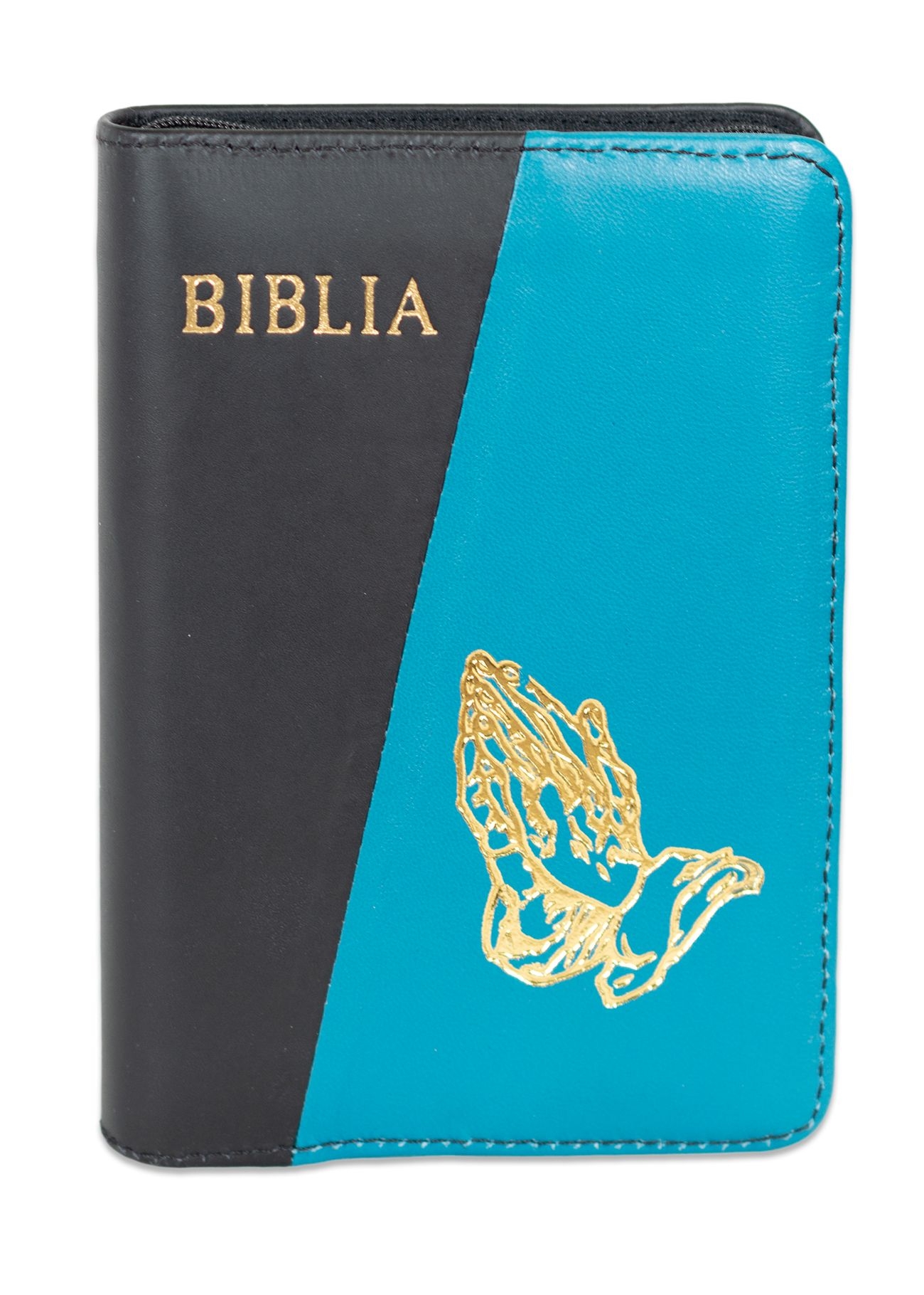 Biblia format mic, din piele, culoare negru cu albastru marin, dex, fermoar, margini argintii, simbolul maini in ruga, cuv. lui Isus in rosu [047 PFI]