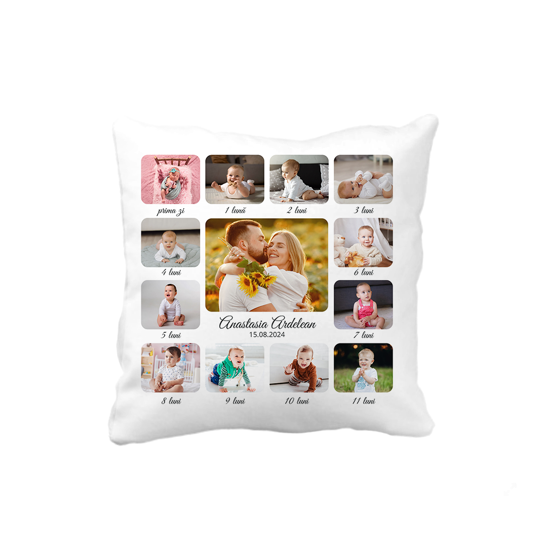 Pernă personalizată cu 13 poze și nume – Nou născut și părinți Pernă personalizată cu 13 poze și nume – Nou născut și părinți