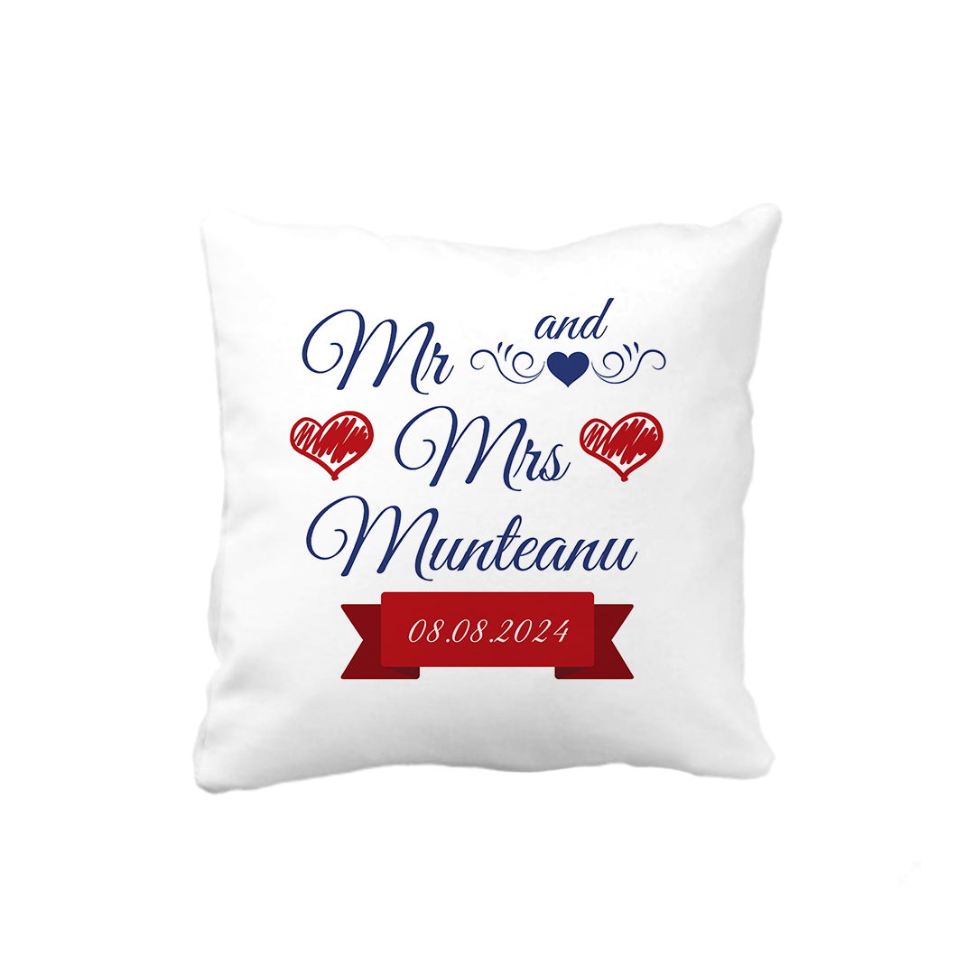 Pernă personalizată cu nume și dată – Mr & Mrs