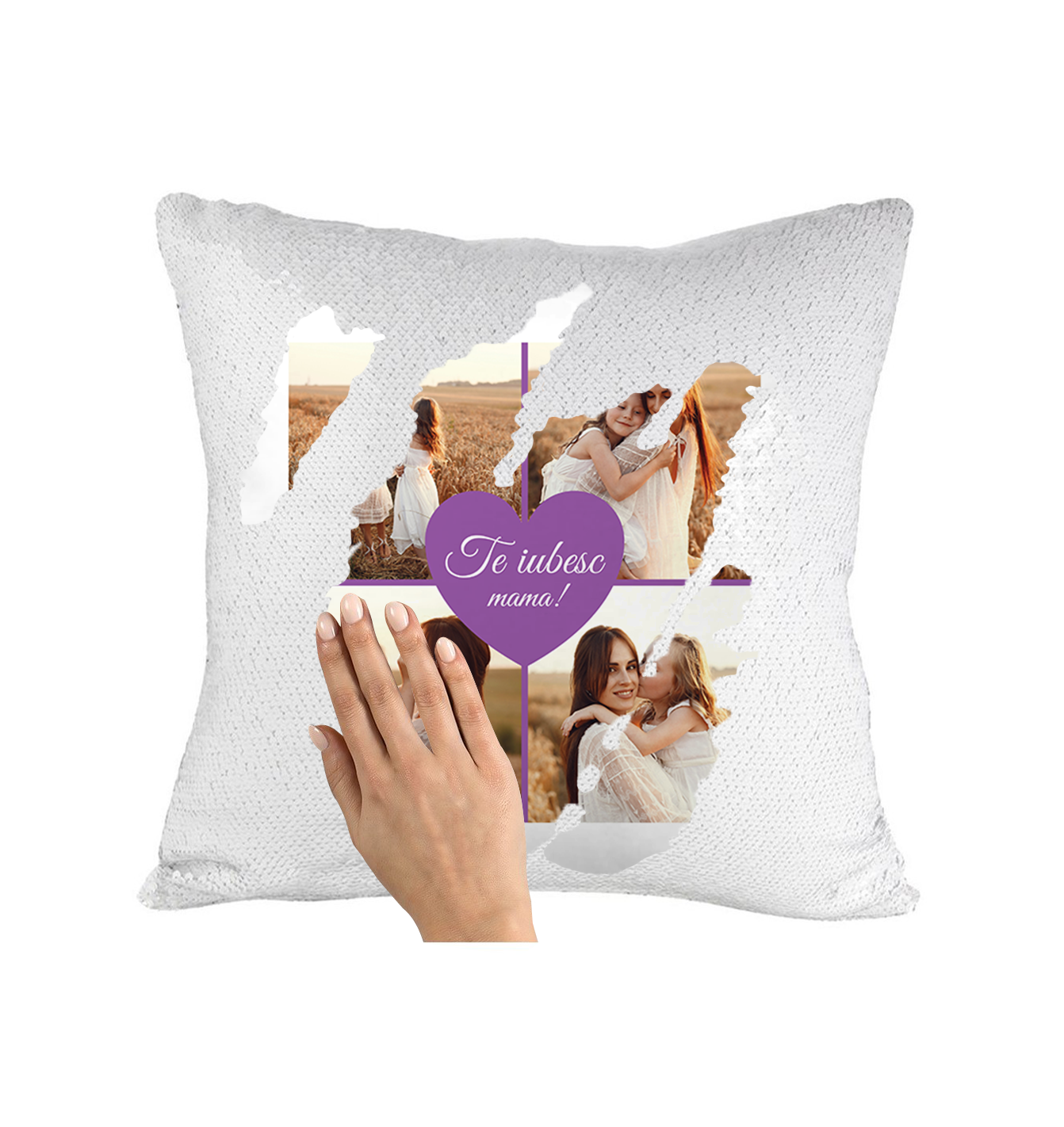 Pernă personalizată cu 4 poze – Te iubesc, Mama