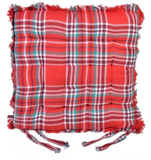 Perna scaun de Craciun cu franjuri, carouri rosii (40x40 cm) Perna scaun de Craciun cu franjuri, carouri rosii (40x40 cm)