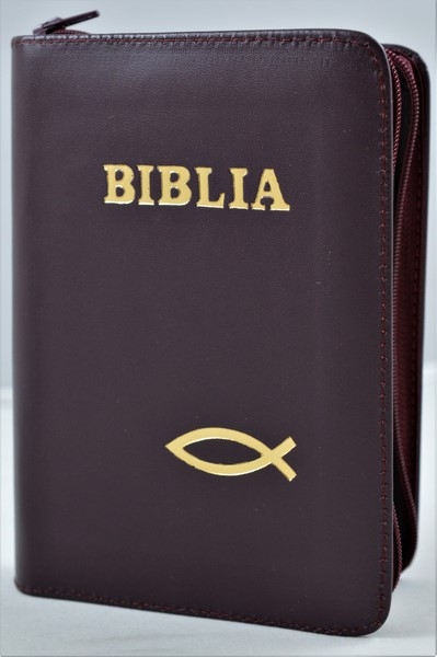 Biblia din piele, marime medie,visiniu inchis, fermoar, simbol peste, cuv. lui Isus cu rosu [053]