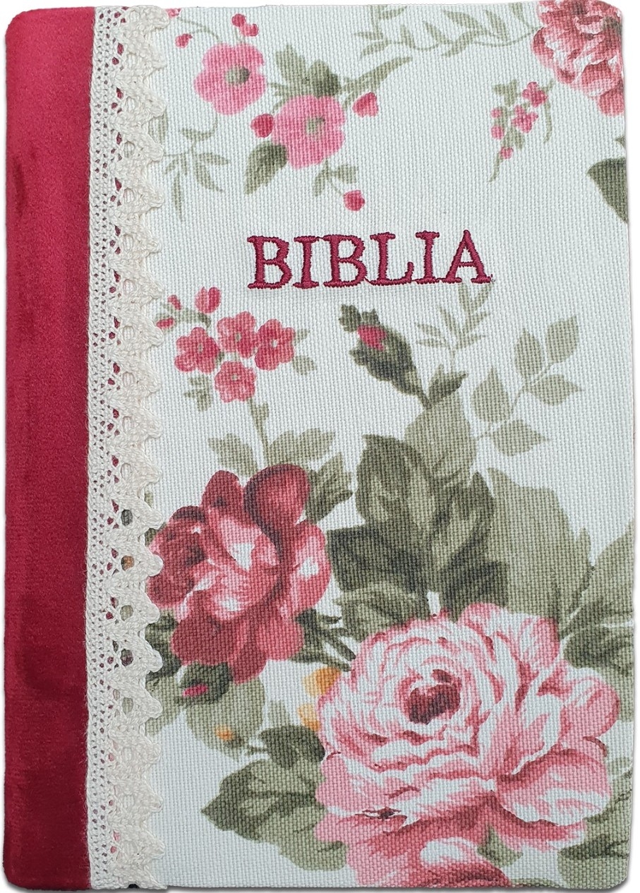Biblia handmade, marime medie, coperta flexibila textila, Model 39, margini aurii, cuv. lui Isus cu rosu [SB 052 HM]