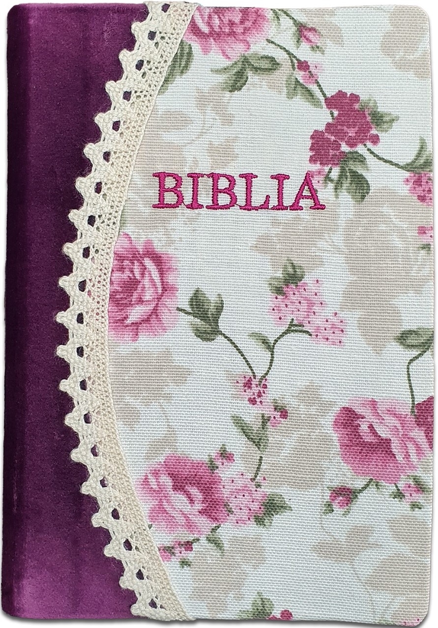 Biblia handmade, marime medie, coperta flexibila textila, Model 36, margini aurii, cuv. lui Isus cu rosu [SB 052 HM]