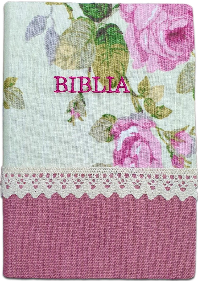 Biblia handmade, marime medie, coperta flexibila textila, Model 41, margini aurii, cuv. lui Isus cu rosu [SB 052 HM]