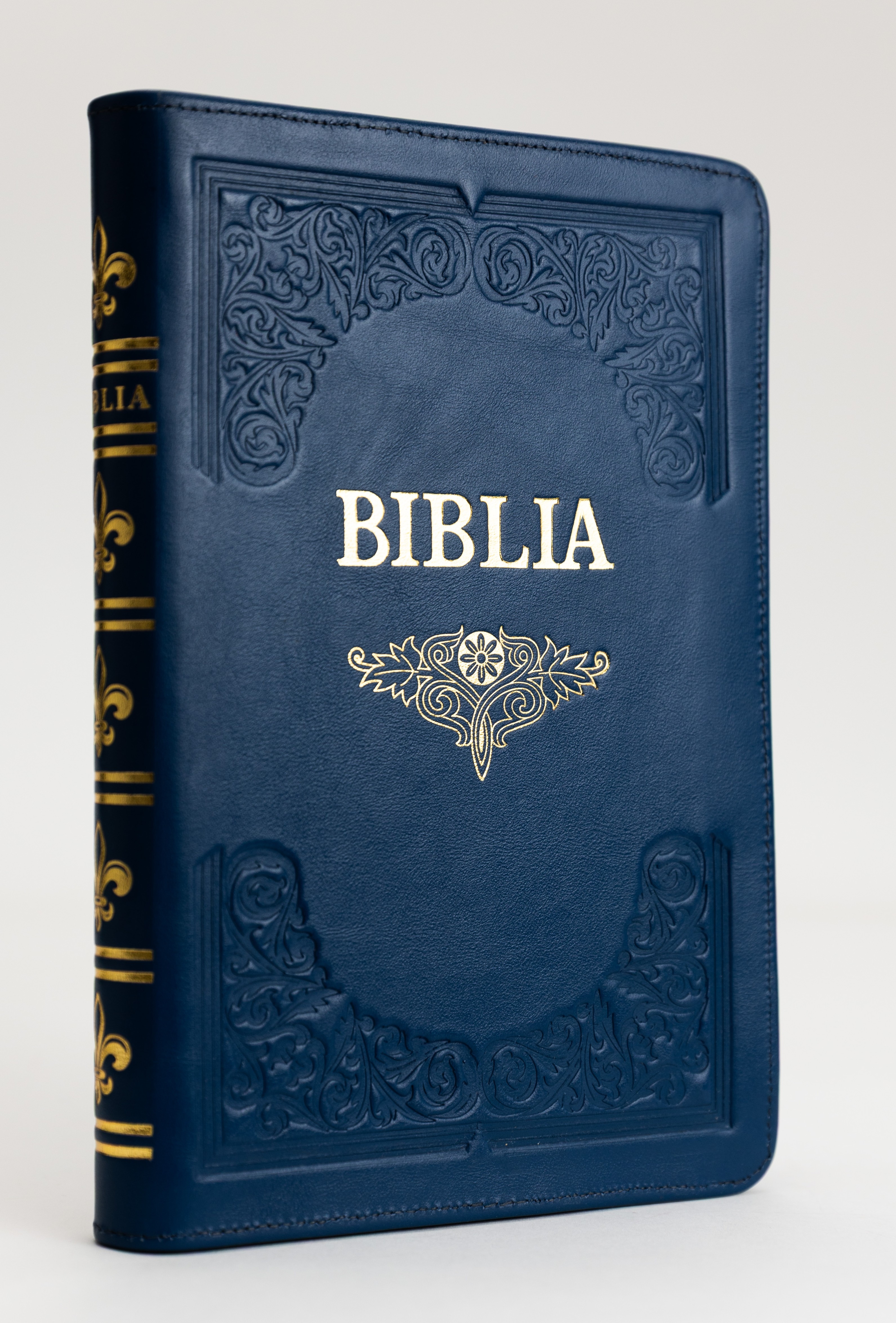 Biblie mare, piele, handmade, albastru indigo, index, margini aurii,  cuv. Isus cu rosu [SI 076 HM]