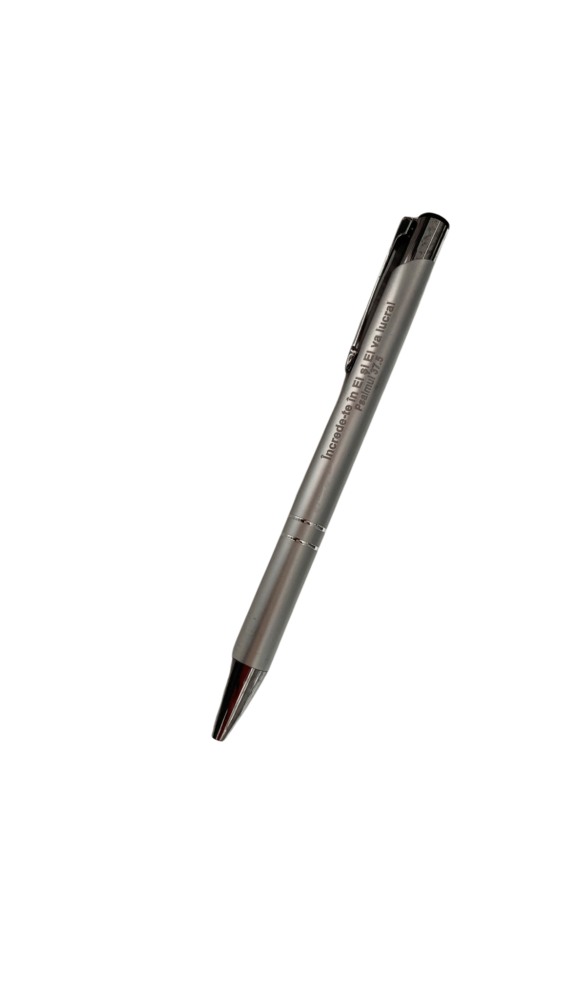 Pix cu mesaj crestin - "Încrede-te în El și El va lucra!" (argintiu mat) Pix cu mesaj crestin - "Încrede-te în El și El va lucra!" (argintiu mat)