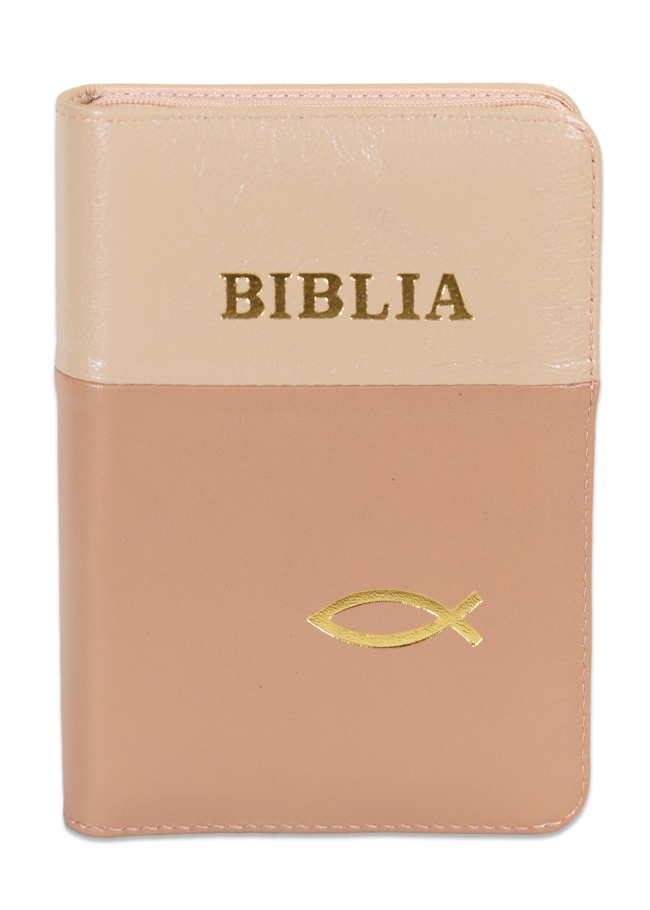 Biblia format mic, din piele, culoare crem cu cappucino,dex, fermoar, margini argintii, simbol cu peste, cuv. lui Isus in rosu [047 PFI]