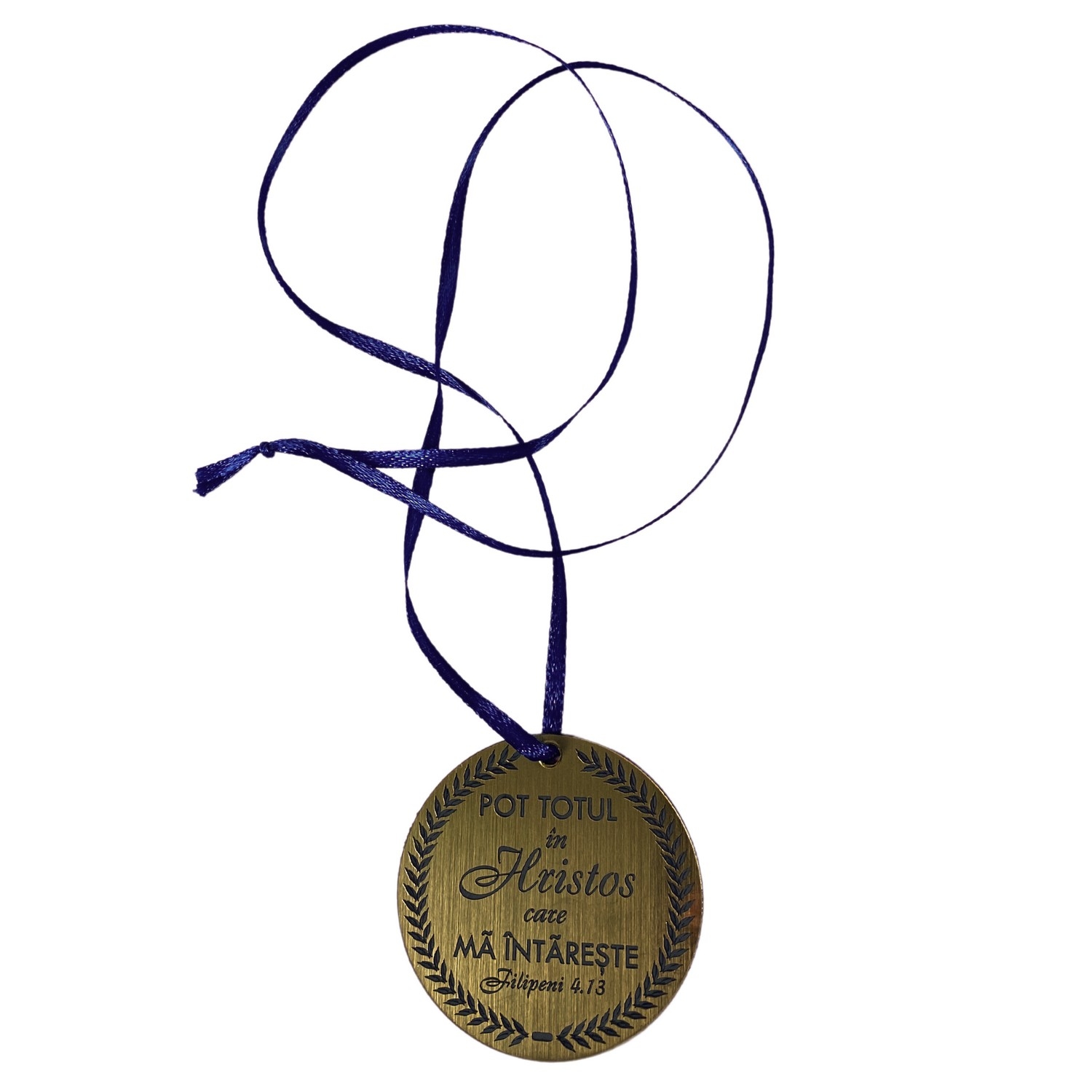 Medalie ABS gravata, aurie, cu mesaj crestin, panglica albastră - Pot totul in Hristos