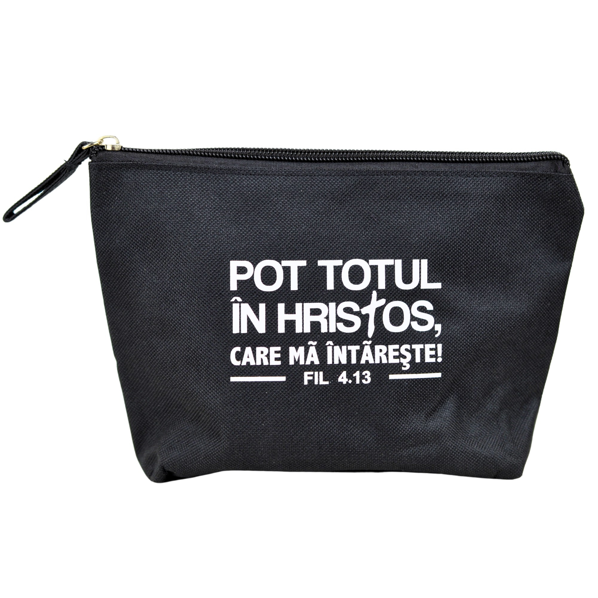 Borsetă din PVC, cu mesaj creștin - Pot totul în Hristos (neagră) Borsetă din PVC, cu mesaj creștin - Pot totul în Hristos (neagră)