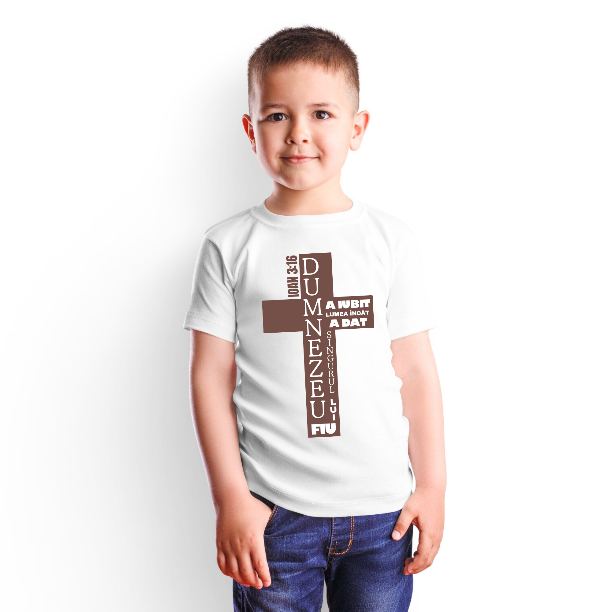 Tricou alb personalizat baieti, verset biblic- Ioan 3:16
