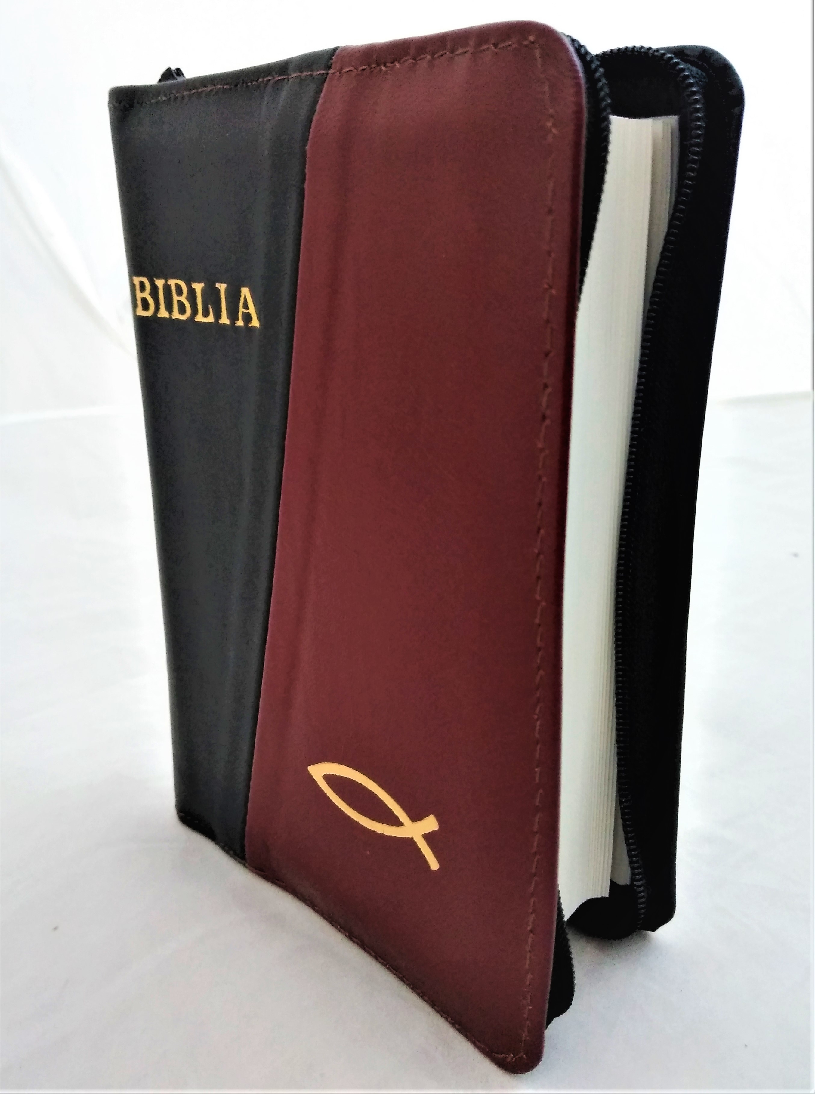 Biblie din piele, mica, culoare negru / visiniu, fermoar, margini albe, simbolul peste, cuv. lui Isus in rosu [043 PF]