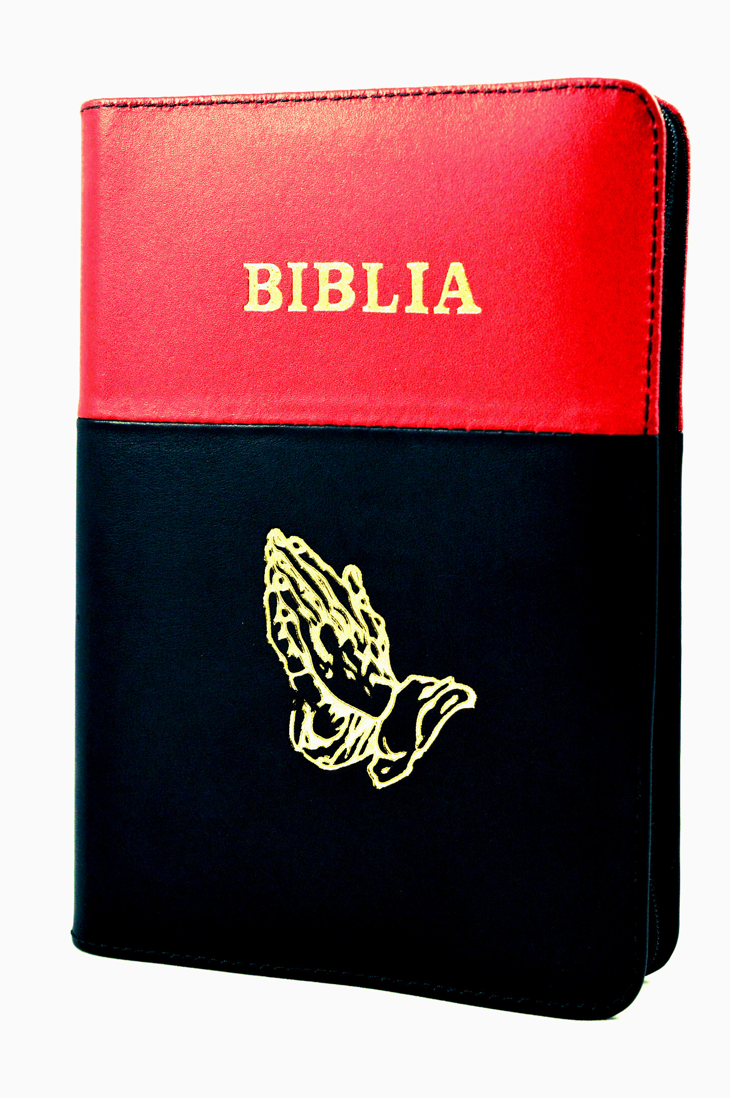 Biblia din piele, marime medie, rosu-negru, fermoar, cu maini [052]