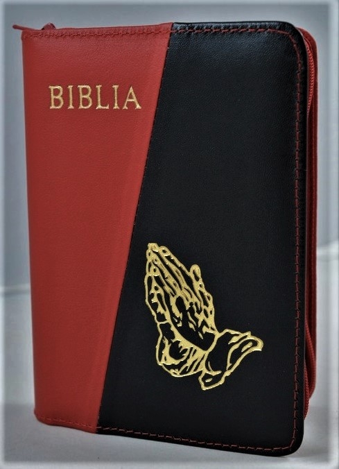 Biblie marime mica, piele,culoare rosu inchis cu negru, index, fermoar, margini aurii, cuv. lui Isus in rosu,simbol maini in rugaciune [047 PFI]