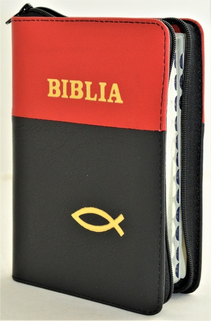 Biblie marime mica, piele, culoare rosu cu negru, index, fermoar, margini argintii, cuv. lui Isus in rosu,simbol peste [047 PFI]