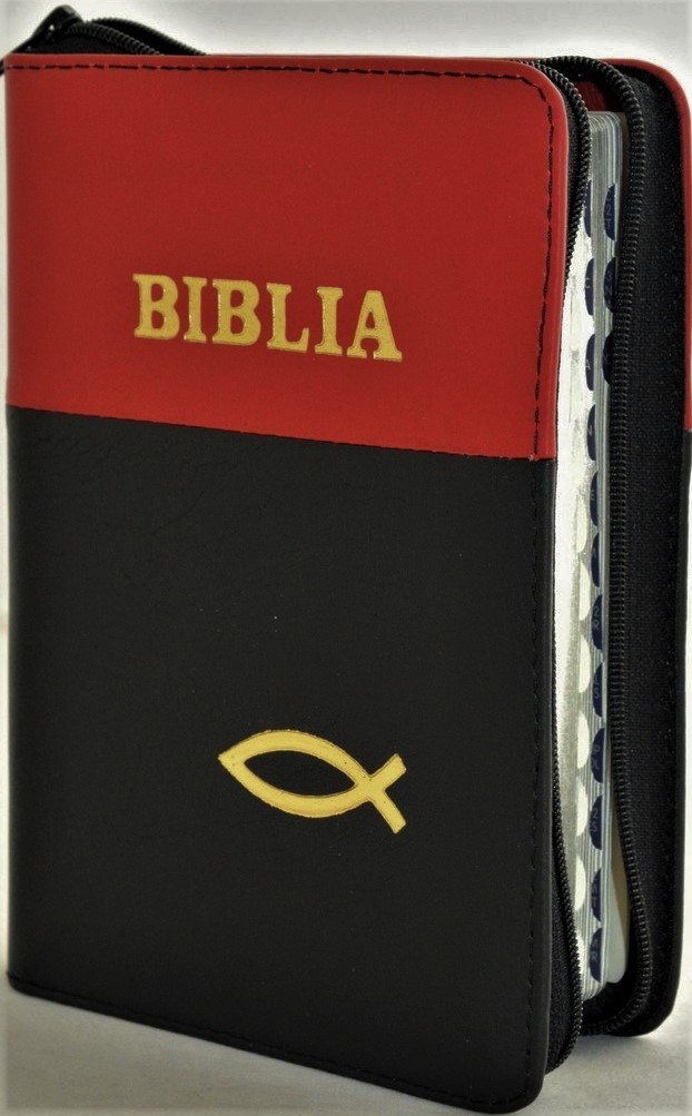 Biblia format mic, din piele, culoare rosu inchis cu negru, index, fermoar, margini argintii, simbolul peste, cuv. lui Isus in rosu [047 PFI]