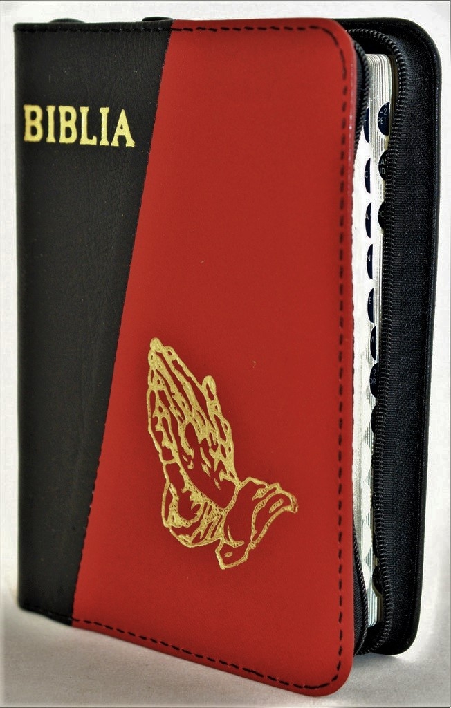 Biblie marime mica, piele,negru/rosu inchis, index, fermoar, margini aurii, cuv. lui Isus in rosu,simbol maini in rugaciune [047 PFI]