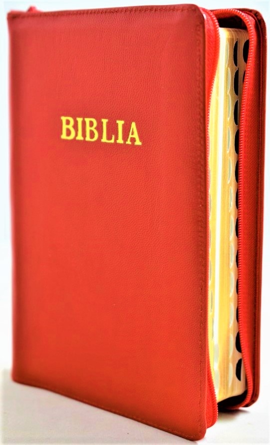 Biblie din piele, marime medie, rosie , simpla, fermoar, index, margini aurii, cuv. lui Isus cu rosu [SB 057 PFI]
