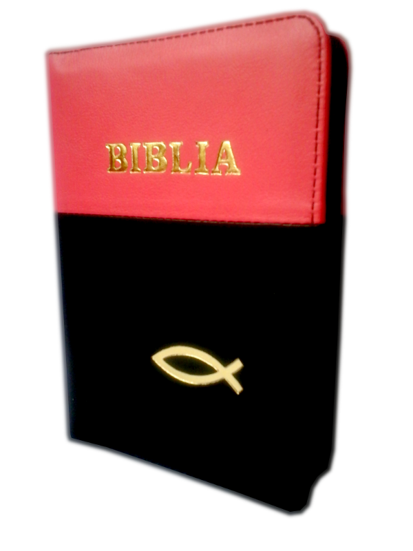 Biblia format mic, din piele, culoare roz bombon cu negru, index, fermoar, margini argintii, simbol peste, cuv. lui Isus in rosu [047 PFI]