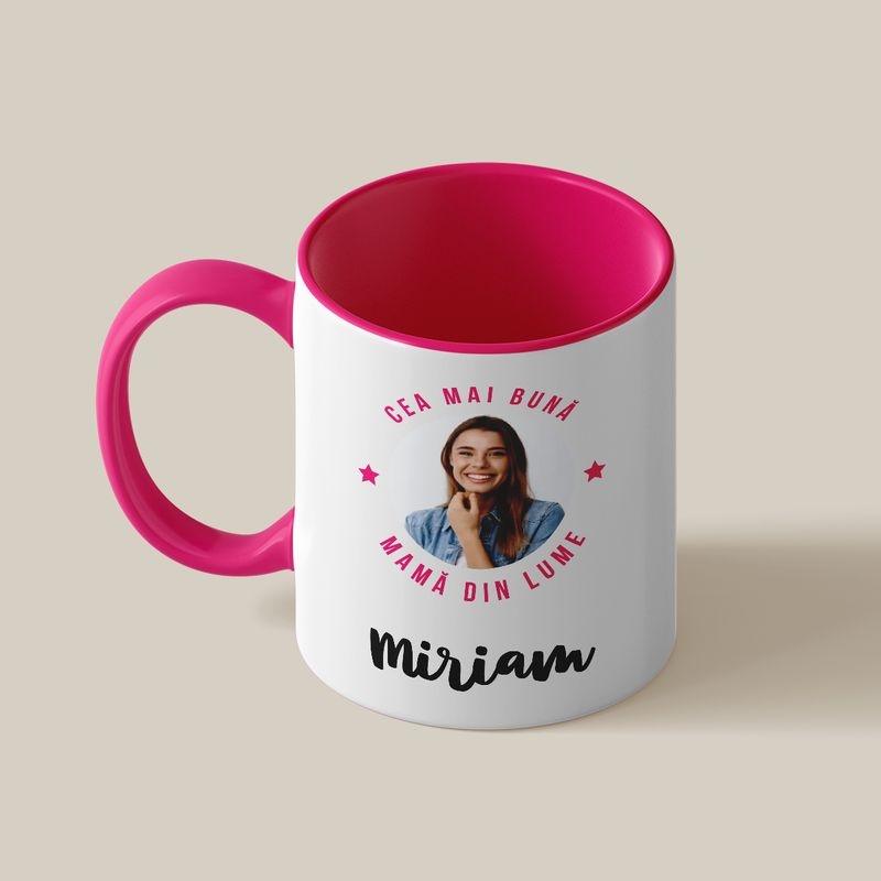 Cană personalizată cu toartă și interior color, poză și nume – Cea mai bună mamă