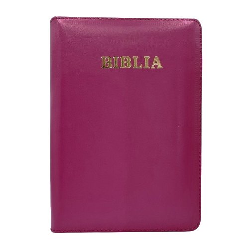 Biblie din piele, marime medie, culoare, roz, fermoar, index, margini aurii, cuv. lui Isus cu rosu [SB 057 PFI]
