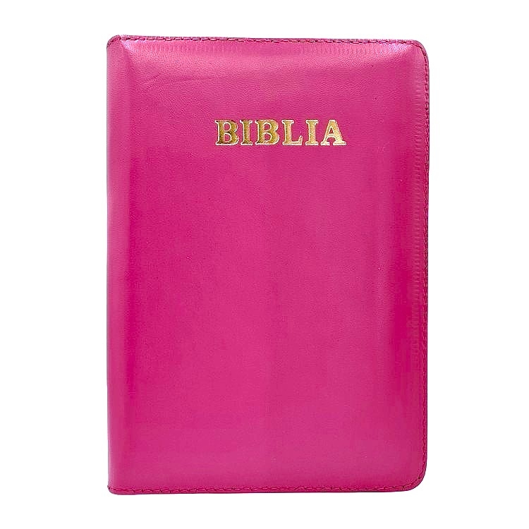 Biblie din piele, marime medie, culoare, roz bombon, fermoar, index, margini aurii, cuv. lui Isus cu rosu [SB 057 PFI]