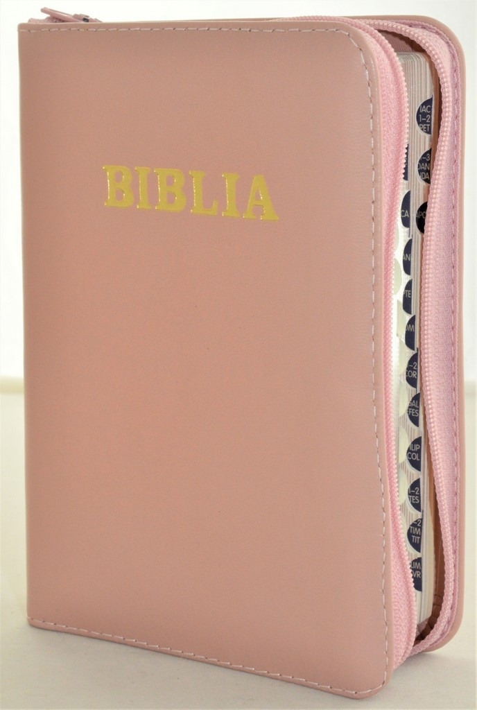 Biblie marime mica, piele,culoare roz capuccin, index, fermoar, margini aurii, cuv. lui Isus in rosu [047 PFI]