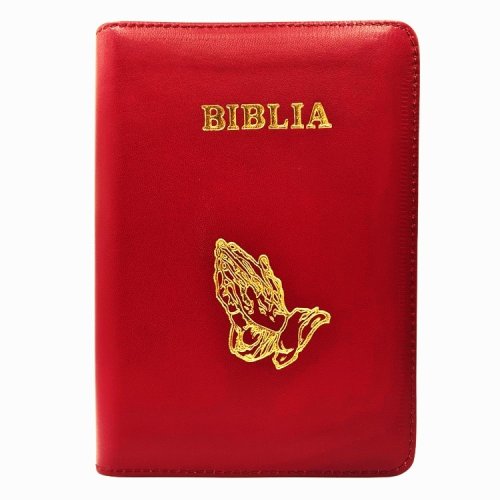 Biblie din piele, marime medie, roșie, simbol maini in rugaciune, fermoar, index, margini aurii, cuv. lui Isus cu rosu [SB 057 PFI]