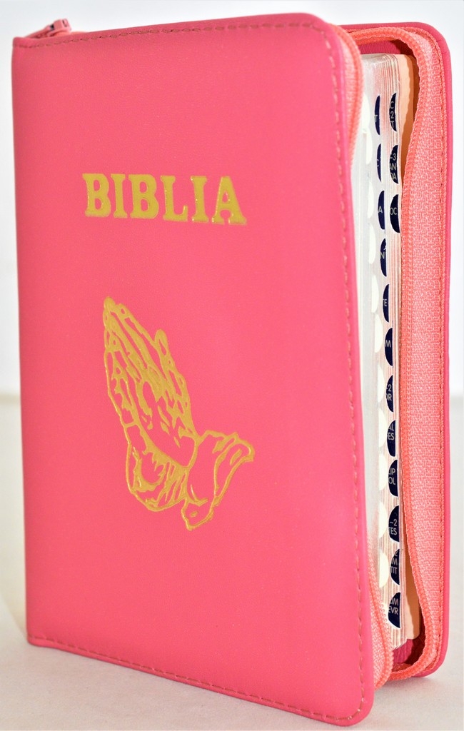 Biblie marime mica, piele,culoare roz coral, index, fermoar, margini aurii, cuv. lui Isus in rosu,simbol maini in rugaciune [047 PFI]