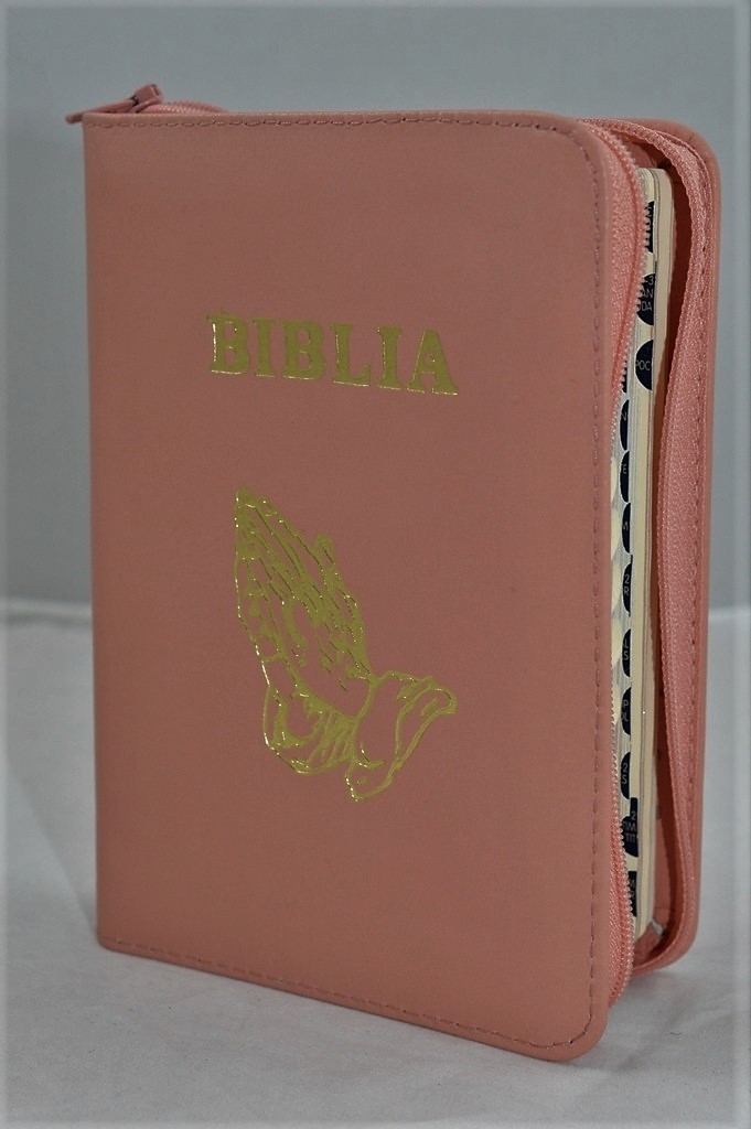 Biblia mica, coperta piele, roz pal, index, fermoar, margini aurii,  simbolul maini, cuv. lui Isus in rosu [047 PFI]