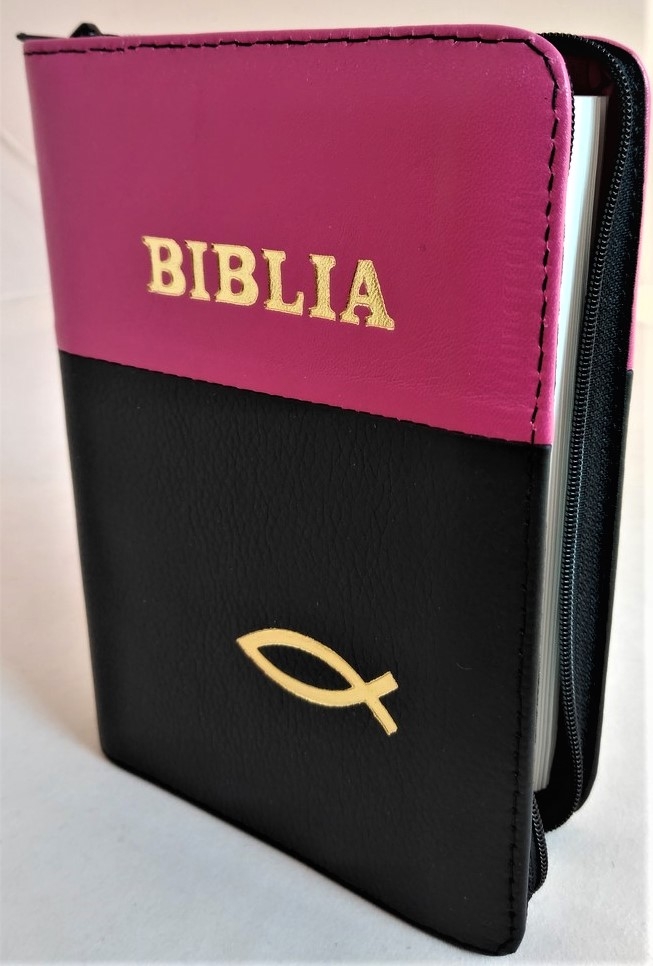 Biblie din piele, mica, roz bombon / negru, fermoar, margini albe, simbolul peste, cuv. lui Isus in rosu [043 PF]