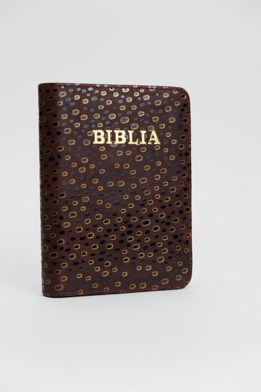 Biblia mica, coperta piele, vișiniu cu buline, index, fermoar, margini aurii, cuv. lui Isus in rosu [047 PFI]