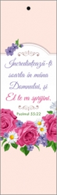 Semn de carte cu panglica roz deschis - verset : " Incredinteaza-ti soarta in mana Domnului " Psalmul 55:22 [49]
