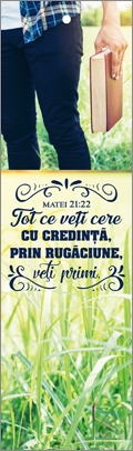 Semn de carte cu panglica albastru inchis - "Tot ce veţi cere cu credinţă, prin rugăciune, veţi primi."