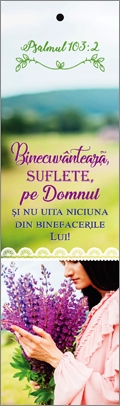 Semn de carte cu panglica mov inchis - verset : "Binecuvântează, suflete, pe Domnul" Psalmul 103:2