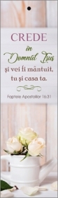 Semn de carte cu panglica roz deschis - "Crede în Domnul Isus şi vei fi mântuit, tu şi casa ta." Semn de carte cu panglica roz deschis - "Crede în Domnul Isus şi vei fi mântuit, tu şi casa ta."