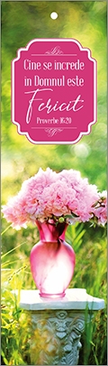 Semn de carte cu panglica roz deschis  - "  Cine se increde in Domnul este fericit !" Semn de carte cu panglica roz deschis  - "  Cine se increde in Domnul este fericit !"