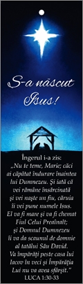 Semn de carte cu panglica albastru închis - Mesaj si  Verset:  S-a născut Isus! -  Luca 1:30-31