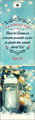 Semn de carte cu panglica albastru deschis-  Verset: " Slavă lui Dumnezeu în locurile preaînalte și pace pe pământ între oamenii plăcuți Lui! " Luca 2:14 Semn de carte cu panglica albastru deschis-  Verset: " Slavă lui Dumnezeu în locurile preaînalte și pace pe pământ între oamenii plăcuți Lui! " Luca 2:14