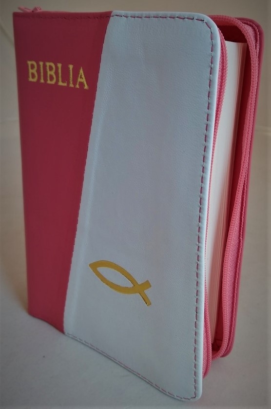 Biblie din piele, mica, culoare roz / alb, fermoar, margini albe, simbolul peste, cuv. lui Isus in rosu [043 PF]