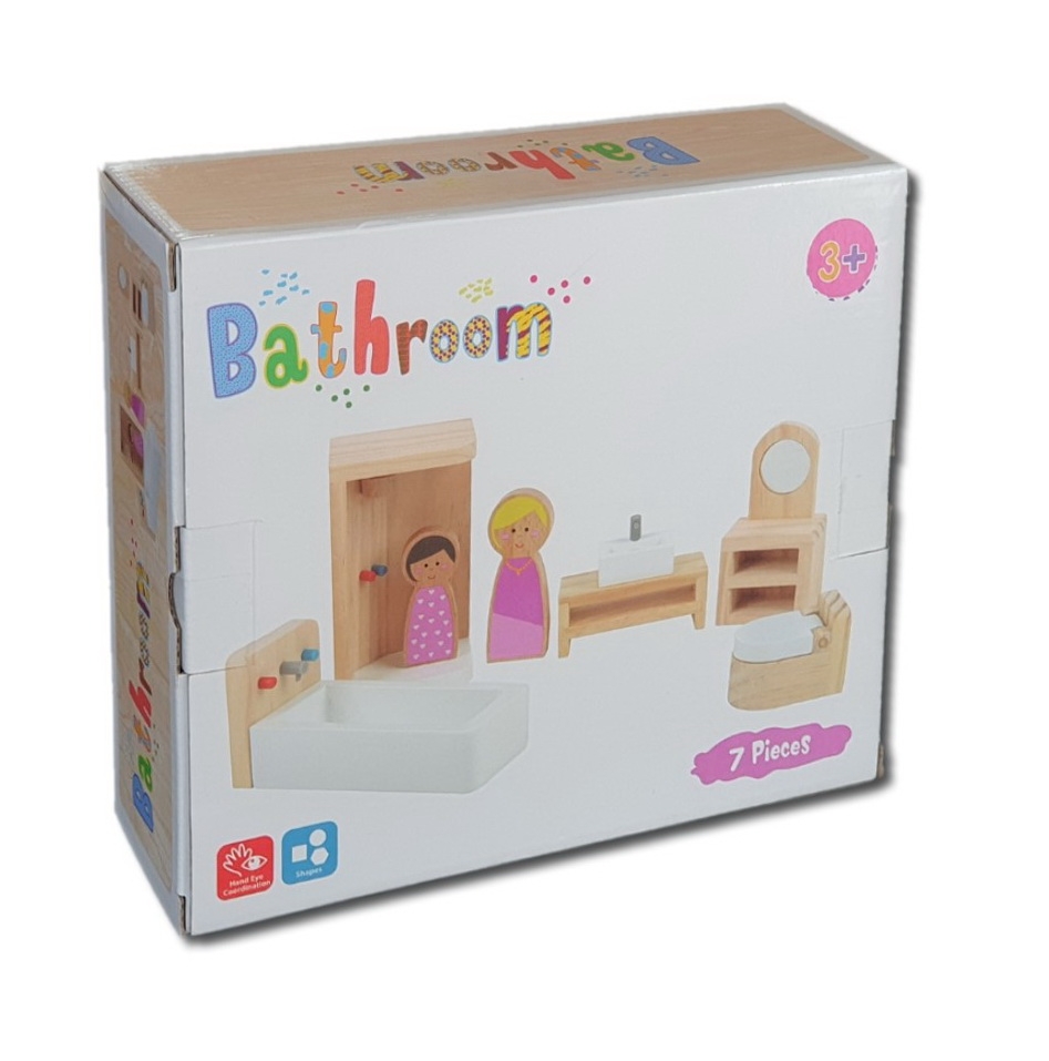 Set mobilier de baie pentru papusi 7 piese din lemn 3+ Set mobilier de baie pentru papusi 7 piese din lemn 3+