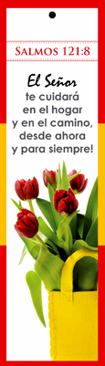 Semn de carte cu panglica roșie -   Verset:  "El Señor te cuidará en el hogar y en el camino, desde ahora y para siempre!" Salmos 121:8      [11]