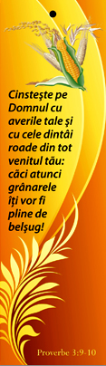 Semn de carte cu panglica galbenă -  Verset:  "Cinsteşte pe Domnul cu averile tale şi cu cele dintâi roade din tot venitul tău, căci atunci grânarele îţi vor fi pline de belşug!" Proverbe 3:9-10  [19]
