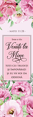 Semn de carte cu panglica roz -  Verset:  Isus a zis: "Veniţi la Mine, toţi cei trudiţi şi împovăraţi, şi Eu vă voi da odihnă." Matei 11:28  [22]