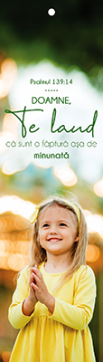 Semn de carte cu panglica galbenă -  Verset:  "Te laud că sunt o făptură aşa de minunată." Psalmul 139:14   [24]