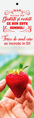 Semn de carte cu panglica roșie -  Verset:  "Gustaţi şi vedeţi ce bun este Domnul! Ferice de omul care se încrede în El!" Psalmul 34:8    [25]