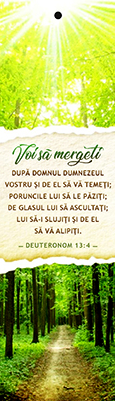 Semn de carte cu panglica verde  -    Verset:  "Voi să mergeţi după Domnul Dumnezeul vostru şi de El să vă temeţi; poruncile Lui să le păziţi; de glasul Lui să ascultaţi; Lui să-I slujiţi şi de El să vă alipiţi." Deuteronom 13:4    [42]